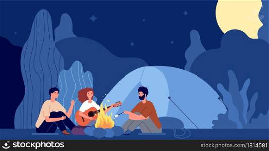 People sitting fire. Scary night, campfire in forest and friends. Man woman relaxing in camp nature, seasonal travel utter vector concept. Burning fire and activity hiking view midnight illustration. People sitting fire. Scary night, campfire in forest and friends. Man woman relaxing in camp on nature, seasonal travel utter vector concept