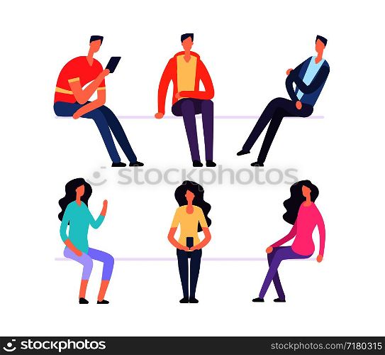 People sitting. Girl and boy sit on chairs. Cartoon vector characters set. Woman and man sit and wait illustration. People sitting. Girl and boy sit on chairs. Cartoon vector characters set