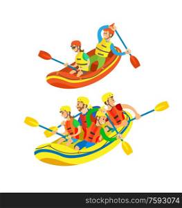 People sitting in boat vector, isolated teams competing in water sports extreme hobbies rafting and canoeing male and female set, sportswoman and sportsman. Water Sports in Summer, Rafting and Canoe Team Set