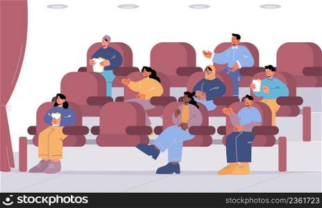 People sitting in chairs at movie theater or cinema auditorium. Diverse men and women viewers or moviegoers with pop corn watching film or motion picture in theatre, Line art vector illustration. People sitting in chairs at movie theater, cinema