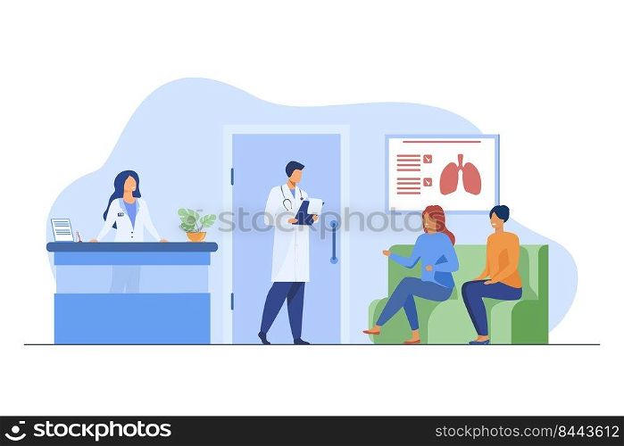 People sitting in hospital corridor and waiting for doctor. Patient, clinic, visit flat vector illustration. Medicine and healthcare concept for banner, website design or landing web page