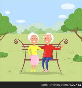 People sitting in park vector, man and woman senior character on bench relaxing on nature. Granny and grandpa smiling, cheerful couple cuddling flat style. Funny spending time on harvest festival. Couple in Park, Grandmother Grandfather on Bench
