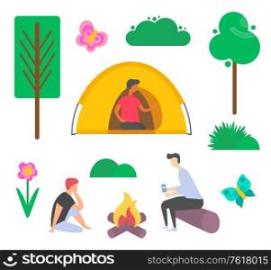 People sitting near bonfire, person in tent, bush and tree, flower and butterfly nature decoration element on white, green and wood, leisure vector. Picnic of People, Bonfire and Tent, Plant Vector