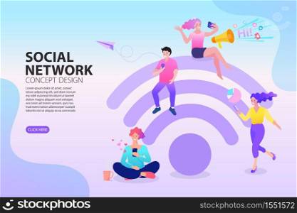 People sitting on a big wifi sign. People in free internet zone using mobile gadgets. Vector illustration in flat style