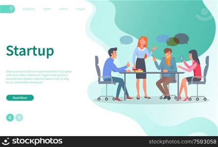 People sitting on conference vector, coworkers brainstorming startup ideas. Collaboration of men and women, meeting of professionals and experts. Website or webpage template, landing page flat style. Startup Discussion, Conference with Workers Web