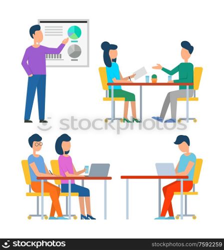 People sitting on conference with boss vector, male showing diagrams and data on whiteboard, programmer and secretary looking in laptops flat style. Conference of Workers Lead by Leader Boss Set