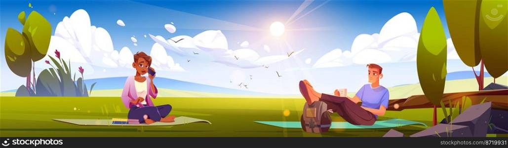 People sitting on lawn in sunny park vector illustration. Young man lying on green grass, looking at pretty young woman talking on phone, smiling. Cartoon characters enjoying relax on summer landscape. People sitting on lawn in sunny park, cartoon