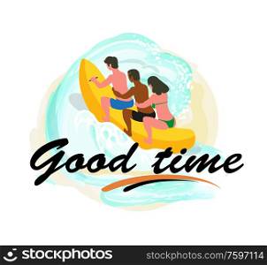 People sitting on rubber inflatable banana, summer activity on waves, back view of holding each other man and woman in swimwear, good time postcard vector. Good summer time. Summer Good Time, People on Water Banana Vector