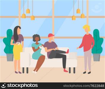 People sitting on sofa and relaxing vector, workers on coffee break. Man and woman drinking tea beverage with sweet taste and talking discussing work. Coffee Break in Office, Relaxing People Vector