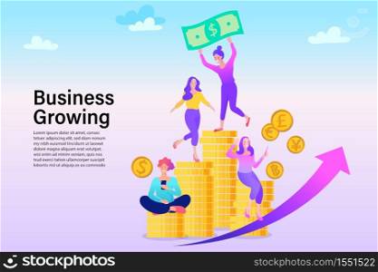 People sitting on stacked coins. Savings or income increase, growth. Flat design vector illustration