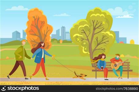 People sitting on wooden bench in autumn park. Woman and man on date, guy play music on guitar. Couple walking together with dog on leash. Cityscape on background, fall weather, vector illustration. Couples in Autumn City Park, Walking Pet Together