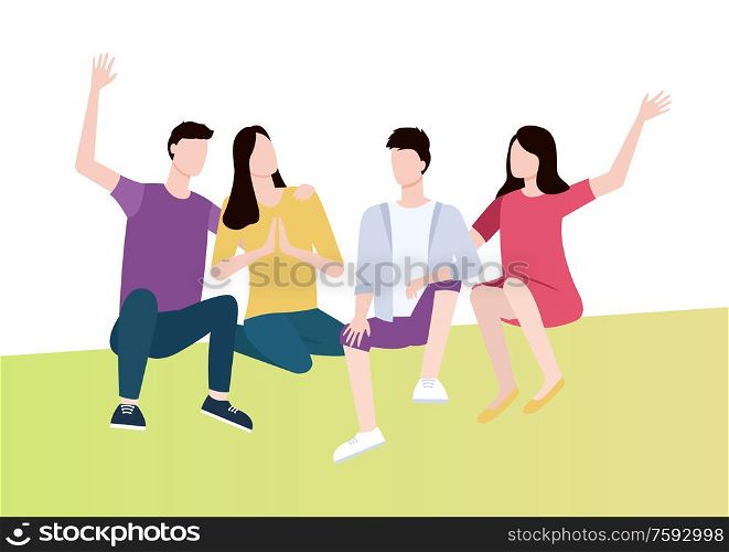 People sitting together, cheerful man and woman embracing each other and rising hands, couples in casual clothes isolated on white, friends vector. Couples Sitting Together, Embracing People Vector