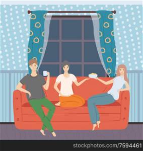 People sitting together on sofa, man and woman watching and eating popcorn, wallpaper with pattern, big window with dark view and curtains vector. Man and Woman Sitting on Sofa, Leisure Vector
