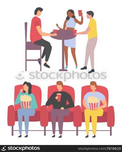 People sitting with popcorn and drinking, man and woman dancing near table, holding cup, male and female characters entertainment, leisure element vector. Friends Dancing and Watching Movie, Leisure Vector