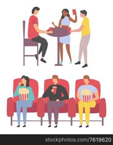 People sitting with popcorn and drinking, man and woman dancing near table, holding cup, male and female characters entertainment, leisure element vector. Friends Dancing and Watching Movie, Leisure Vector
