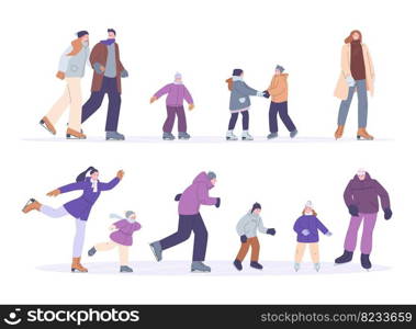 People skate on ice. Person skater, adults and children skates dancing. Flat happy fun winter man and woman. Cartoon kicky couples vector set of winter ice rink illustration. People skate on ice. Person skater, adults and children skates dancing. Flat happy fun winter man and woman. Cartoon kicky couples vector set