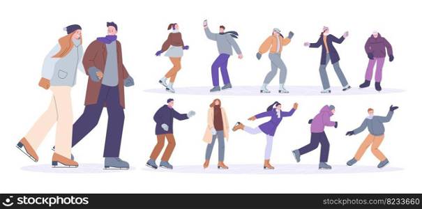 People skate skating. Winter ice skater, christmas rest on rink. Fun hipster activity, female and male happy sport kicky vector characters. Xmas holiday time winter christmas ice skating illustration. People skate skating. Winter ice skater, christmas rest on rink. Fun hipster activity, female and male happy sport kicky vector characters. Xmas holiday time