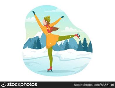 People Skating on Ice Rink Wearing Winter Clothes for Outdoor Activity or Sports Recreation in Flat Cartoon Hand Drawn Templates Illustration