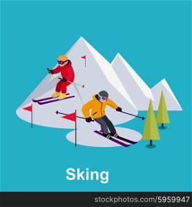 People skiing flat style design. Skis isolated, skier and snow, cross country skiing, winter sport, season and mountain, cold downhill, recreation lifestyle, activity speed extreme illustration