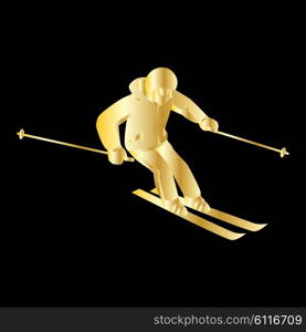 People skiing flat style design. Skis isolated, skier and snow, cross country skiing, winter sport, season and mountain, cold downhill, recreation lifestyle, activity speed extreme. Gold on black