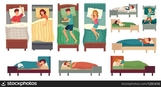 People sleeping in beds. Adult man in bed, asleep woman and young kids sleep vector illustration set. Woman and man healthy dream, asleep in bedroom, sleep resting position. People sleeping in beds. Adult man in bed, asleep woman and young kids sleep vector illustration set