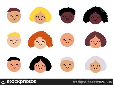 People smiling emoji, vector. Vector illustration of diverse cartoon men and women of different races and ages.