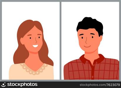 People smiling vector, friendly person with smile on face, lady and man wearing red shirt, brunette male, woman with stylish haircut flat style character. Man and Woman Portraits of People, Couple Vector