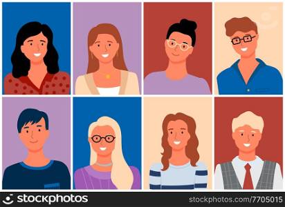 People smiling vector, secretary wearing glasses, business worker with grey hair, man and woman posing, friendly characters human with spectacles. People Portraits Set, Man and Woman in Business