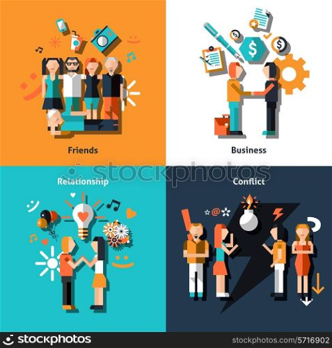 People social relationship with friends business love conflict icons set isolated vector illustration.