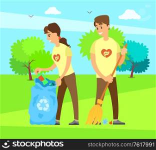 People social workers in volunteering organization, taking care about environment. Vector volunteers collecting garbage and sweeping litter outdoors. People Social Workers in Volunteering Organization