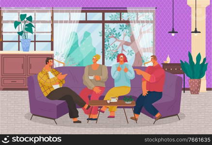 People spend leisure time playing games in living room. Men and women sit on violet sofa and have conversation. Meeting with friends at home. Apartment interior with big window. Vector illustration. Friends Playing Games on Sofa at Home, Meeting