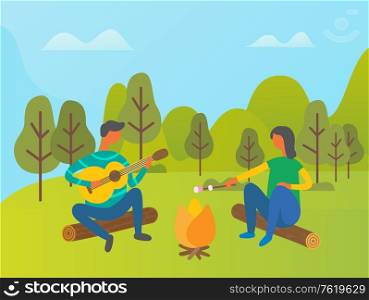 People spending free time in forest vector , man and woman gathered around bonfire. Male playing musical instrument guitar and female roasting food. Camping in Forest, People Sitting by Hot Bonfire