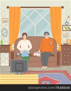 People spending time at home vector, man and woman with pet sitting on sofa flat style. Person watching television tv set listening, room interior. Woman and Man with Pet at Home Couple, Interior