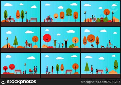 People spending time in autumn park walking together vector. Sunny day good weather to stroll with newborn baby, family with pram. Freelance worker. People Spending Time in Park Walking Together
