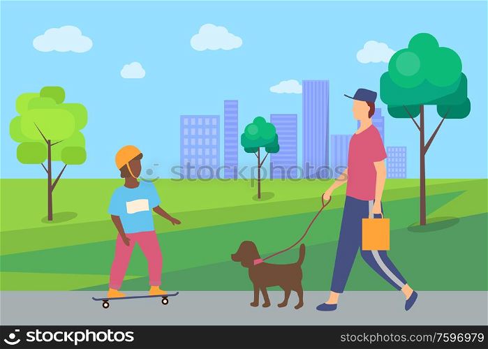 People spending time in city park. Vector boy in helmet riding on skateboard and man walking with dog, cartoon style illustration with skater and pet. People Spending Time in City Park. Vector Boy, Man