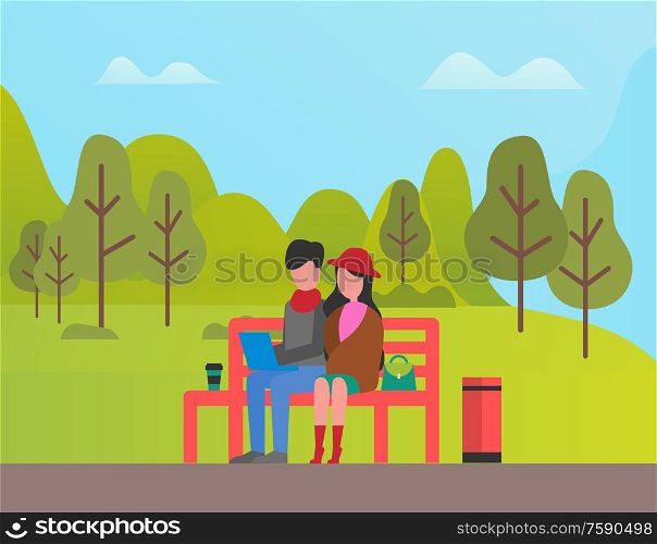 People spending time in park vector, couple sitting on bench, man working on laptop and woman having rest. Fair weather, freelancer and girlfriend. Couple Sitting in Park, man and Woman Relaxing