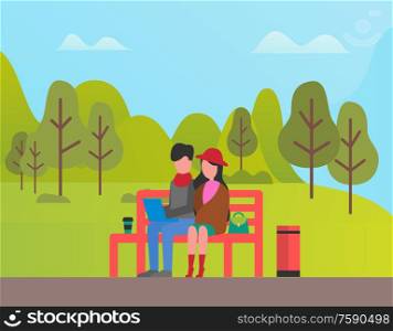 People spending time in park vector, couple sitting on bench, man working on laptop and woman having rest. Fair weather, freelancer and girlfriend. Couple Sitting in Park, man and Woman Relaxing