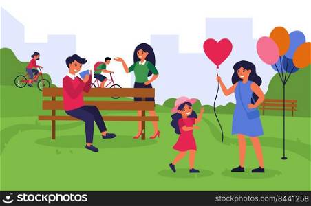 People spending time in public park. Woman talking to man drinking coffee, mother walking with daughter flat vector illustration. Weekend concept for banner, website design or landing web page