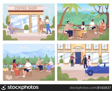 People spending time in public places flat color vector illustrations set. Fully editable 2D simple cartoon characters with city view on background collection. Tapestry Regular, Recursive fonts used. People spending time in public places flat color vector illustrations set