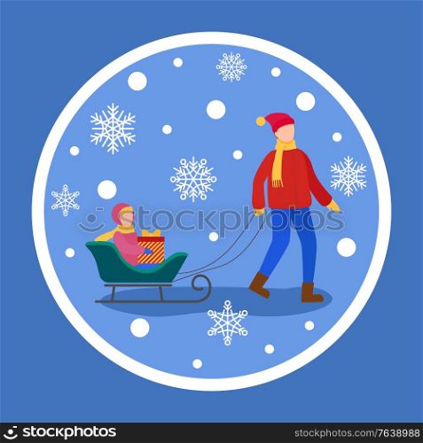 People spending time in wintertime, isolated sticker of father and child on sledges. Snowing weather outdoors and dad with kiddo on sleight with present. Xmas time and winter holidays vector. Father and Child Sitting on Sledges in Snowfall