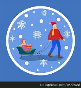 People spending time in wintertime, isolated sticker of father and child on sledges. Snowing weather outdoors and dad with kiddo on sleight with present. Xmas time and winter holidays vector. Father and Child Sitting on Sledges in Snowfall