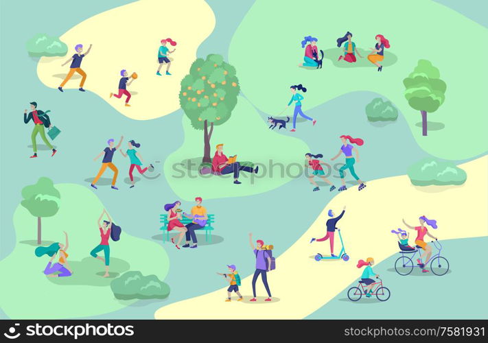 People Spending Time, Relaxing on Nature, family and children performing sports outdoor activities at park, walking dog, doing yoga, riding bicycles, tennis workout. Cartoon vector illustration. People Spending Time, Relaxing on Nature, family and children performing sports outdoor activities at park, walking dog, doing yoga, riding bicycles, tennis workout. Cartoon vector