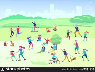People Spending Time, Relaxing on Nature, family and children performing sports outdoor activities at park, walking dog, doing yoga, riding bicycles, tennis workout. Cartoon vector illustration. People Spending Time, Relaxing on Nature, family and children performing sports outdoor activities at park, walking dog, doing yoga, riding bicycles, tennis workout. Cartoon vector