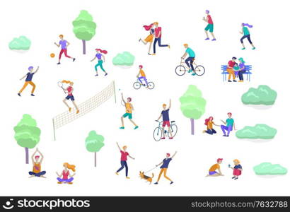 People Spending Time, Relaxing on Nature, family and children performing sports outdoor activities at park, walking dog, doing yoga, riding bicycles, tennis workout. Cartoon vector illustration. People Spending Time, Relaxing on Nature, family and children performing sports outdoor activities at park, walking dog, doing yoga, riding bicycles, tennis workout. Cartoon vector