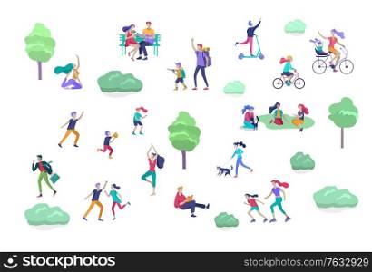People Spending Time, Relaxing on Nature, family and children performing sports outdoor activities at park, walking dog, doing yoga, riding bicycles, tennis workout. Cartoon vector illustration. People Spending Time, Relaxing on Nature, family and children performing sports outdoor activities at park, walking dog, doing yoga, riding bicycles, tennis workout. Cartoon vector