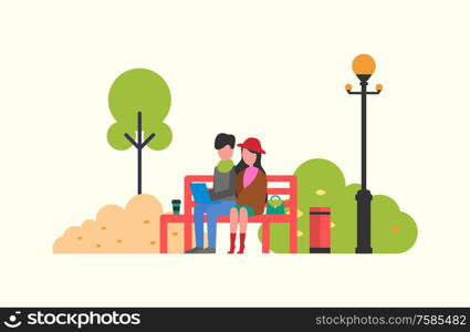 People spending time sitting on red bench in park. Woman and man discussion with laptop and cup. Trees and brushes, urn and lantern vector illustration. People Spending Time on Red Bench in Park Vector