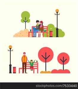 People spending time sitting on red bench in park and family walking near fountain. Woman and man, brother and child, work and rest vector illustration. Autumn People Spending Time on Red Bench Vector