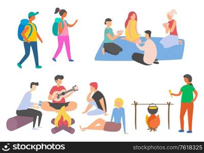 People spending time together vector, active lifestyle of man and woman, person cooking food in pot on bonfire, youth playing guitar and cards, backpackers. Outdoor Campfire People Camping Friends Vector