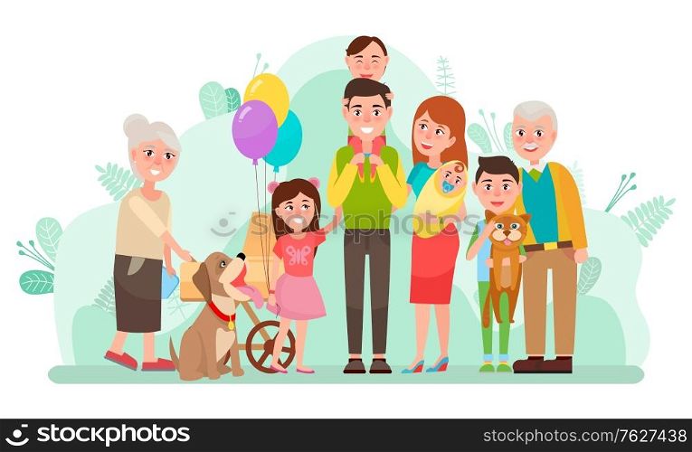 People spending time together vector, family unity. Mother and father with son and daughter, grandmother and grandson. Grandfather and pet dog cat. Family weekend in park. Family Day Mother Father Children Grandparents