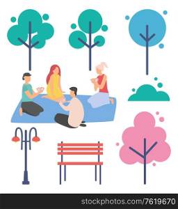 People spending time together vector, man and woman sitting on mat holding cards playing games outdoors, trees and bench, lantern with light flat style. People Playing Cards Game in Park, Trees Nature